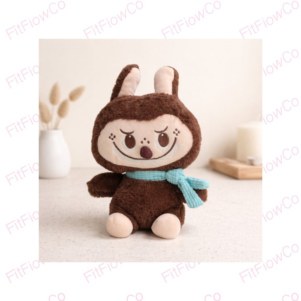 Cute Brown Bunny Plush Doll with Blue Scarf Soft Kawaii Stuffed Animal No Tag